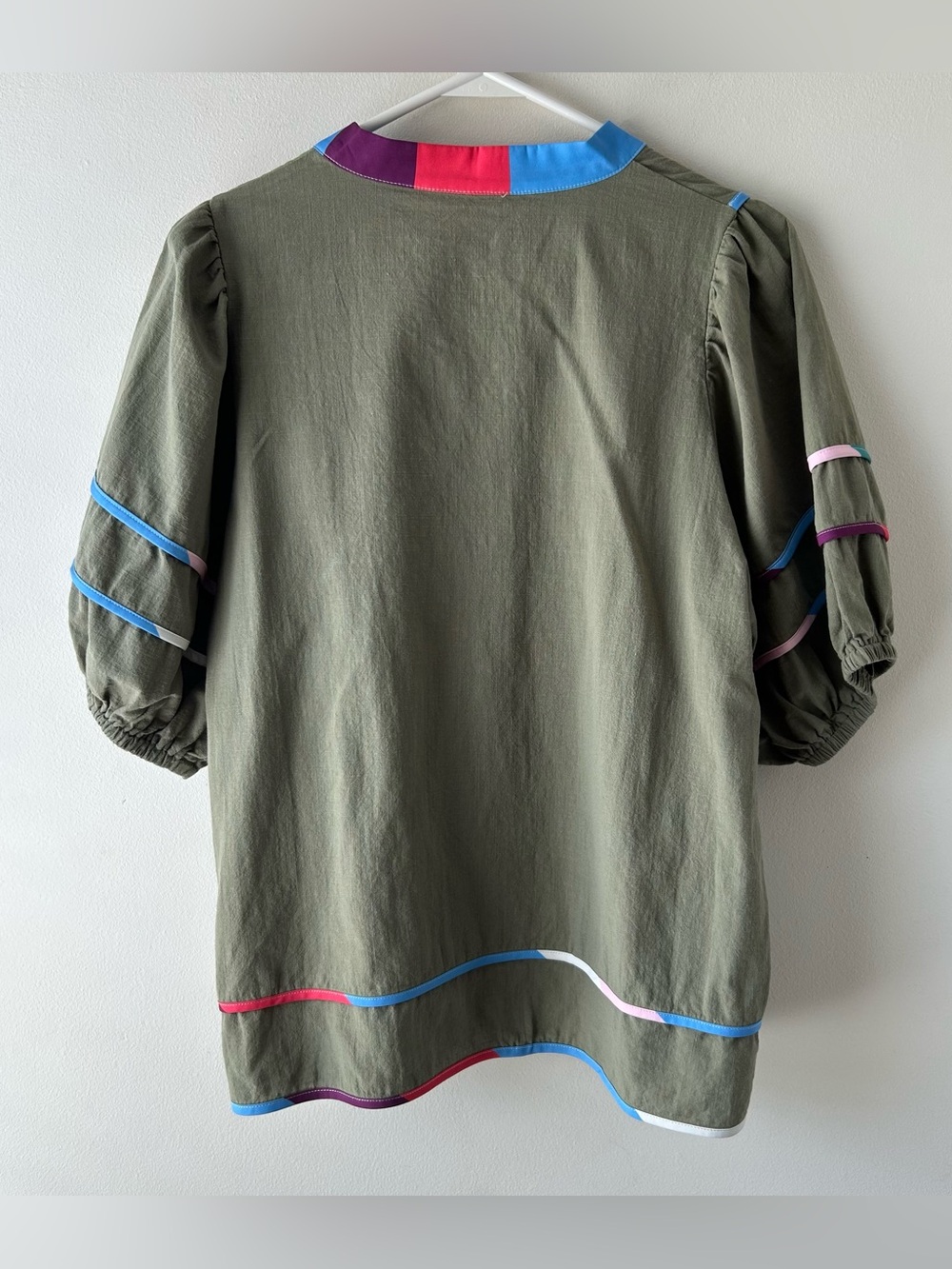 Cicy Bell Babydoll Top V-Neck Short Lantern Sleeve Peplum Blouse Army Green M - Picture 7 of 7